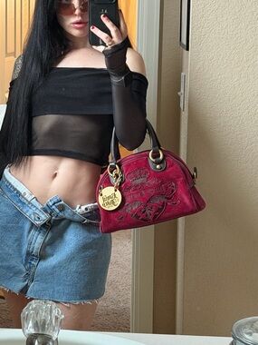 Vintage Y2K Juicy Couture Velour Bowler Bag Pink Red Crest Embroidered Royal